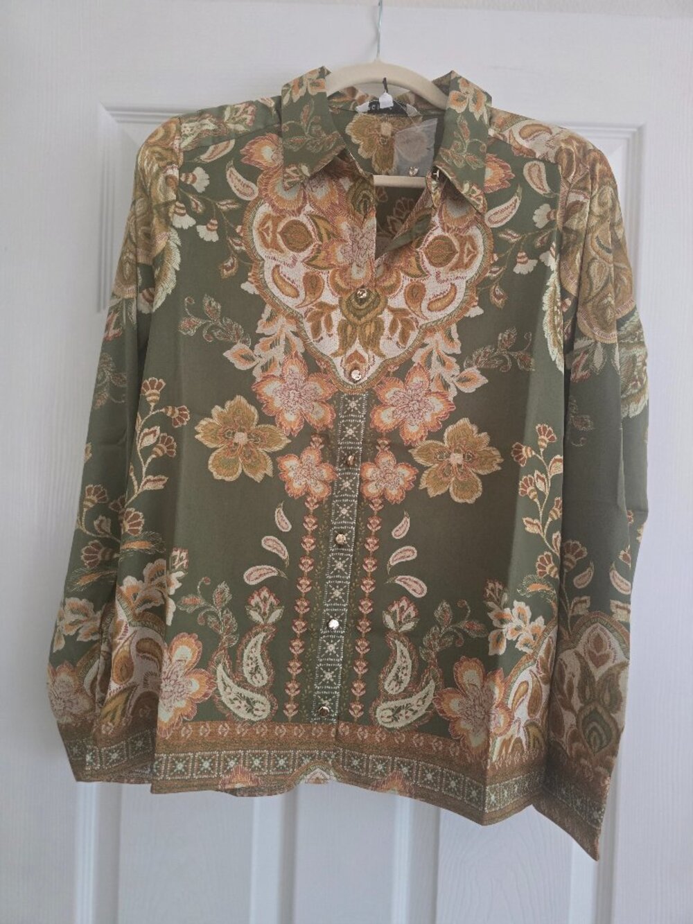 Rose and Olive Gold, Green, and Beige Silky Blouse NWT M